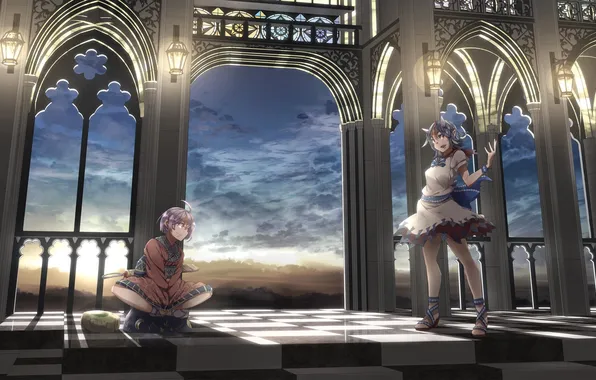 Picture the sky, girl, clouds, castle, anime, art, touhou, peregrine