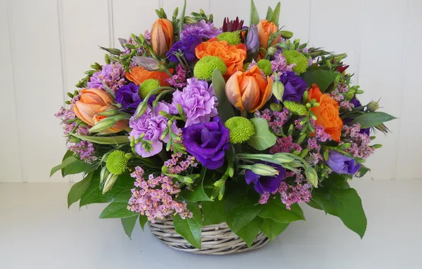 Picture flowers, basket, tulips, composition, anemones, clove