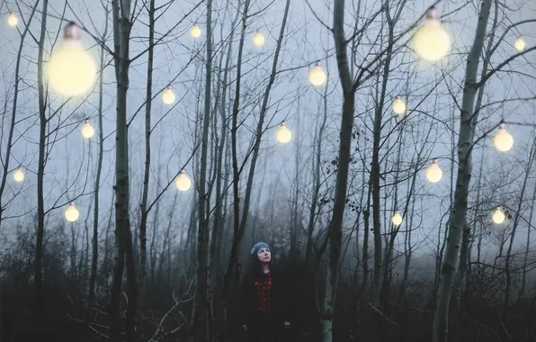 Picture forest, girl, light, lamp