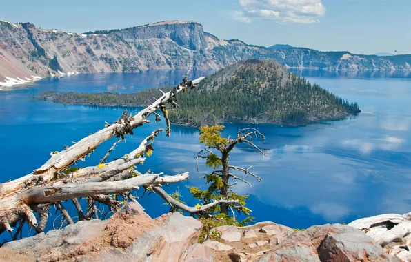 The sky, clouds, trees, mountains, nature, lake, island, crater