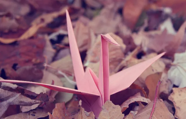 Crane, origami, pink, autumn