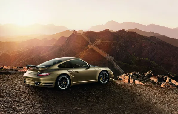 Picture landscape, sunset, 911, Porsche, supercar, Porsche, Turbo S, the great wall of China