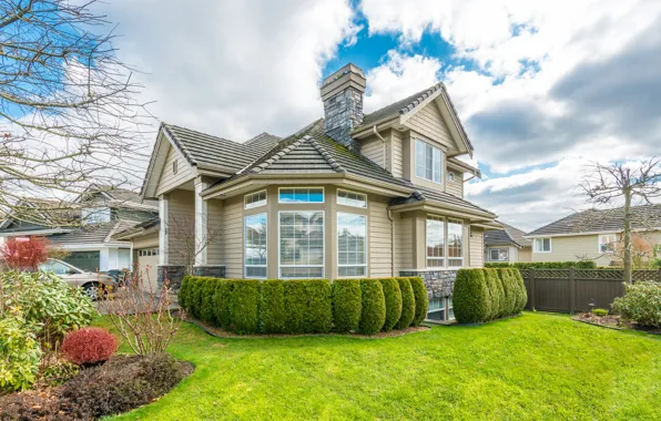 The sky, grass, house, house, cottage, sky, Spring, shrubs