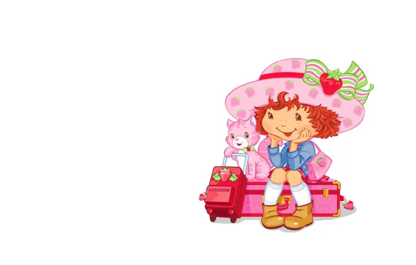 Picture background, art, girl, kitty, journey, children's, suitcase