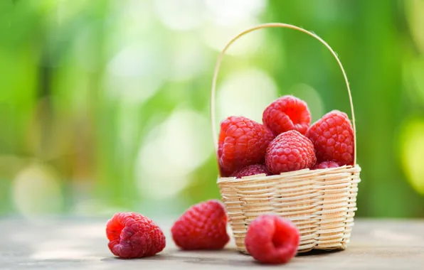 Picture green, berries, raspberry, table, background, food, basket, bokeh