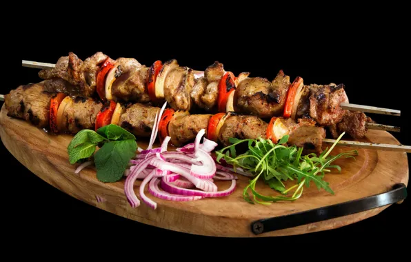 Greens, bow, meat, vegetables, kebabs