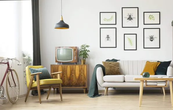 Design, interior, retro style, living room, mid century modern style