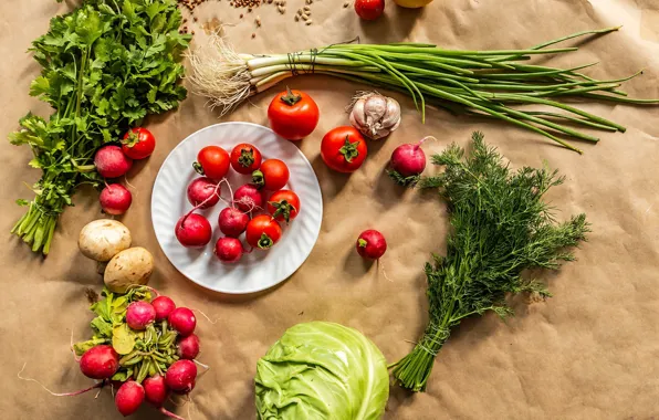 Greens, mushrooms, dill, vegetables, tomatoes, cabbage, parsley, garlic