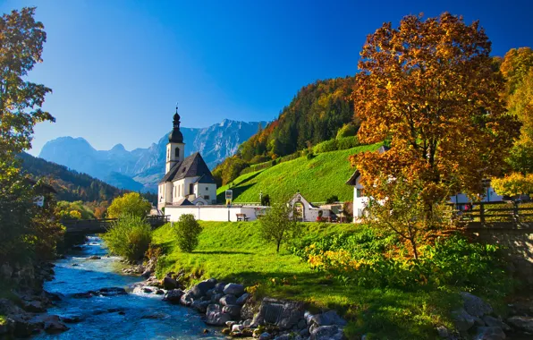 Autumn, trees, mountains, river, Germany, Bayern, Church, Germany