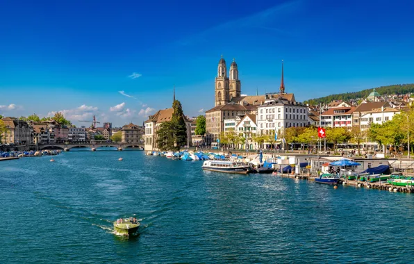 The sky, trees, bridge, river, boats, Switzerland, Switzerland, Zurich