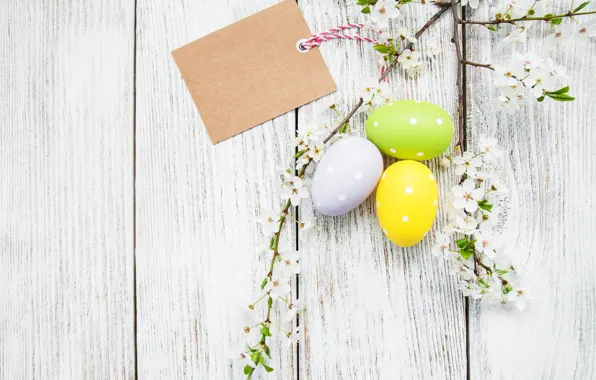 Flowers, eggs, spring, colorful, Easter, happy, wood, blossom