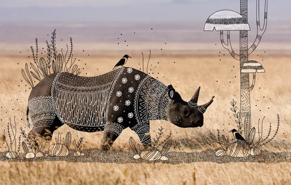 Grass, Savannah, birds, Rhino, ANIMAL DOODLES