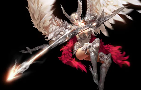 Picture look, girl, pose, weapons, background, wings, feathers, art