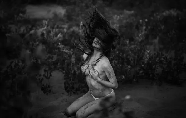 Girl, face, hair, body, black and white