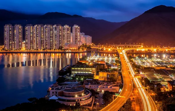 Sea, night, the city, lights, building, road, home, Hong Kong
