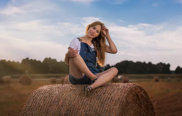 Girl, pose, shorts, hay, brown hair, Maciej Werbliński