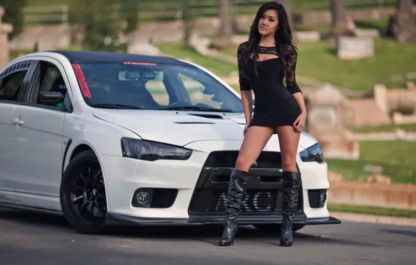 Look, girl, Girls, dress, Mitsubishi, Mitsubishi Lancer, white car