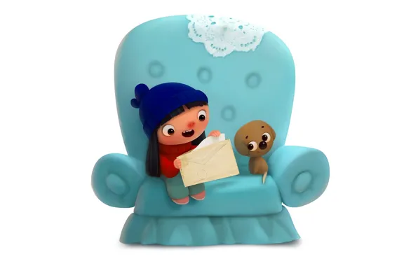 Letter, joy, girl, puppy, white background, the envelope, sitting in the chair, knitted beanie