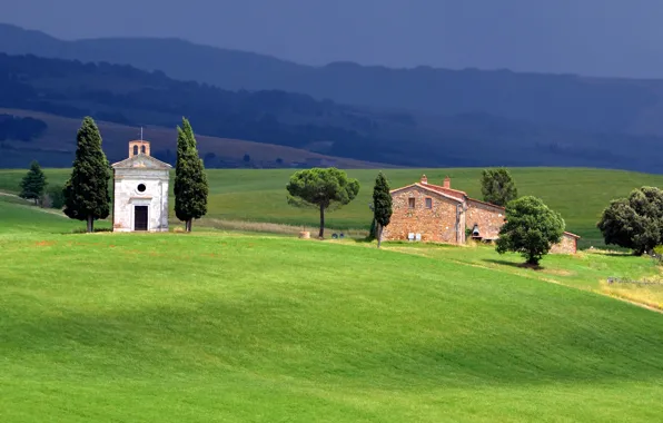 Field, grass, house, hills, Italy, Tuscany, The chapel of our Lady of Vitaleta