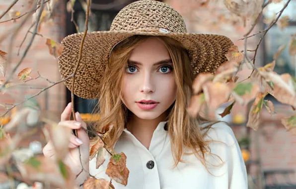 Autumn, look, leaves, branches, pose, model, portrait, hat