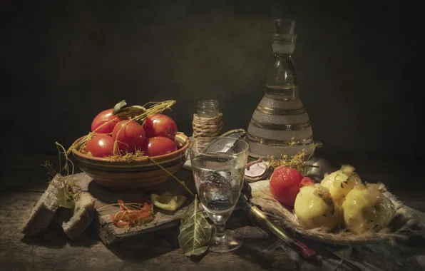 The dark background, table, Board, dill, bread, bowl, still life, vodka