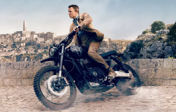 Motorcycle, action, poster, Daniel Craig, 007, James Bond, Daniel Craig, Not time to die