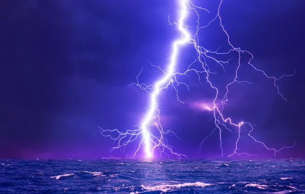 Picture wave, the sky, the ocean, lightning