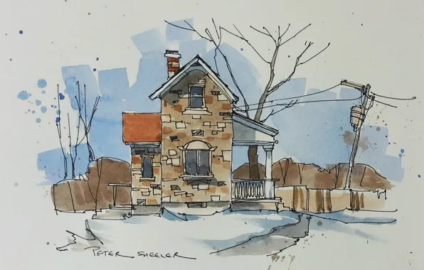 The city, house, figure, watercolor
