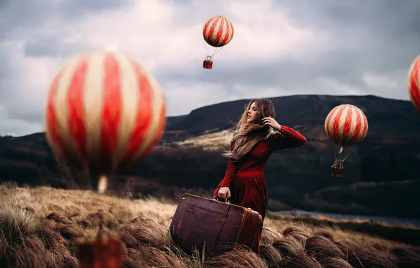 Picture girl, balloons, art, suitcase, Rosie Hardy, Mind Traveller