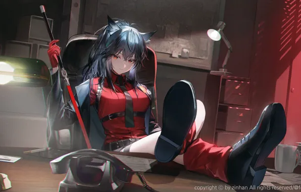 Girl, weapons, table, phone, ears, Texas, Arknights, I threw my legs up