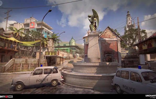 The city, street, building, police, monument, cars, Uncharted 4, Madagascar City MP