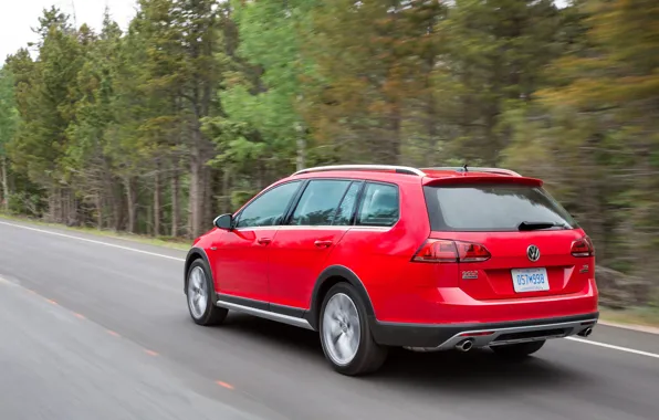 Road, red, Volkswagen, rear view, universal, 2017, Golf Alltrack