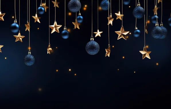 Stars, decoration, background, balls, New Year, Christmas, golden, new year