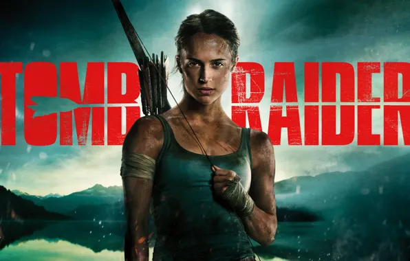 Girl, landscape, background, the inscription, Mike, bow, Tomb Raider, Lara Croft
