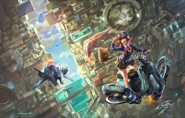 Girl, flight, the city, transport, art, patrol