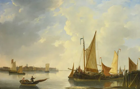 Picture boat, picture, sail, View of Dordrecht from Papendrecht, Christiaan Lodewijk Willem Dreibholtz