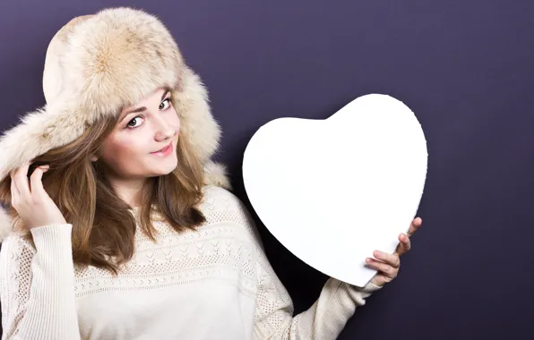 Picture look, girl, background, hat, heart, makeup, hairstyle, fur