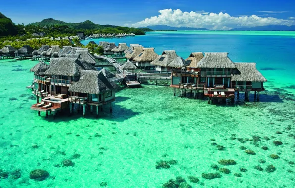 Tropics, the ocean, island, Bungalow, French Polynesia