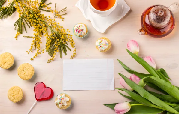Flowers, tea, tulips, lollipops, Mimosa, Kosa