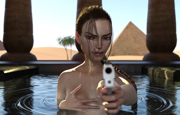 Girl, The game, Look, Gun, Pool, Background, Tomb Raider, Game