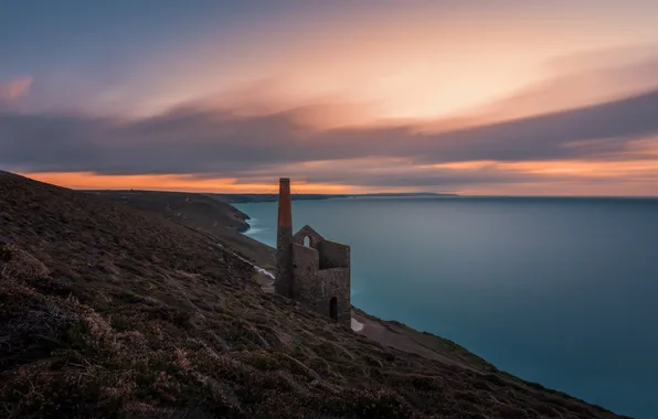 Sea, sunset, rocks, shore, tower, ruins