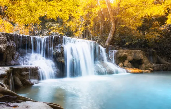 Autumn, forest, landscape, river, rocks, waterfall, forest, river