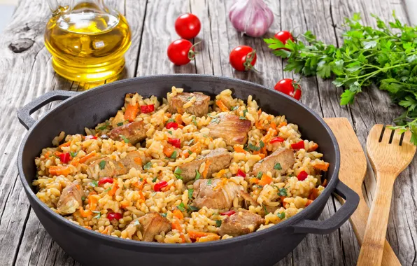 Picture greens, oil, meat, tomatoes, pilaf