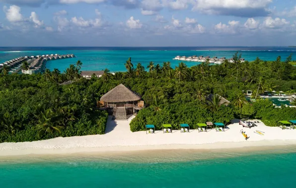 Palm trees, the ocean, resort, Laguna, Seychelles, Bungalow, Seychelles, Six Senses Laamu