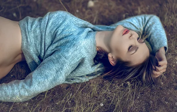 Grass, girl, face, sleep, makeup, girl, grass, face
