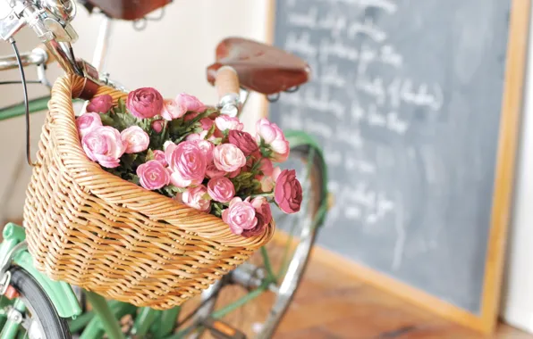 Picture flowers, bike, letters, basket, Board