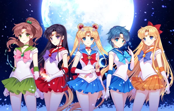 Girls, the moon, art, nardack, sailor moon, tsukino usagi, mizuno ami, hino rei