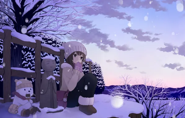 Winter, snow, the fence, the evening, bear, art, girl, fujino iro