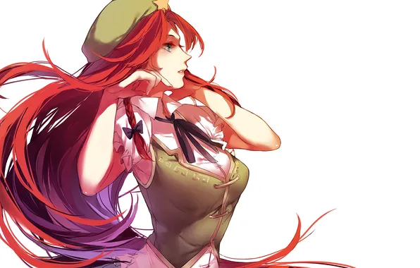 Picture girl, anime, white background, art, Touhou, red hair, Hug, Hong Meiling