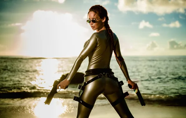 Tomb Raider, Bianca Beauchamp, beach, cosplay, latex